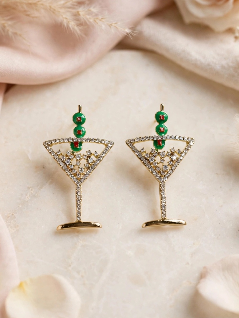 NWT Rhinestone Martini Glass Earrings Gold Cocktail Olive Holiday